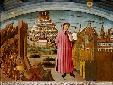 Klassiskt målning föreställande Inferno, helvetet, himlen och Paradiset med Dante Alighieri i förgrunden med sin bok Den gudomliga komedin.